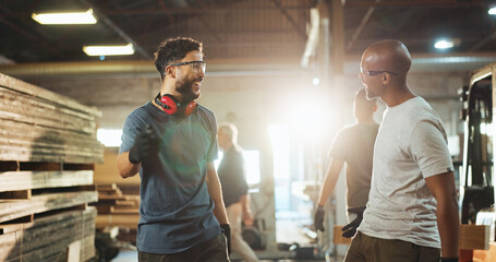 Collaboration, industry and talking with carpenter men in workshop for manufacturing or production....