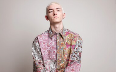 Portrait of a man in his twenties with platinum blonde buzzcut and bold fashion shirt, white studio background, no hands