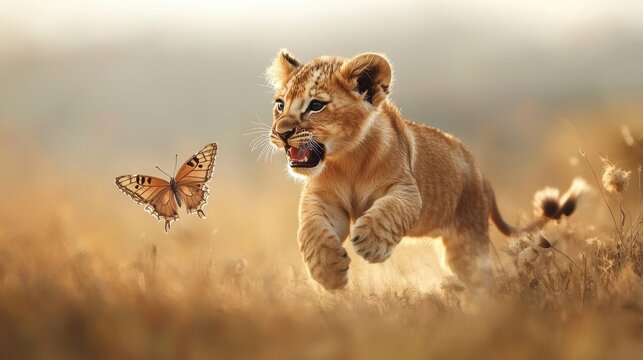 lion cub chasing butterfly in golden grassland