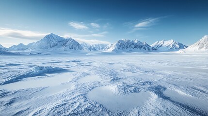 Obraz premium Expansive Snowy Mountain Range Under a Bright Sky in a Cold