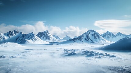 Fototapeta premium Expansive Snowy Mountain Range Under a Bright Sky in a Cold