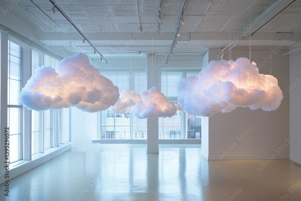 Poster Light installations resembling clouds illuminate a modern art gallery space during daytime hours in a minimalist urban setting