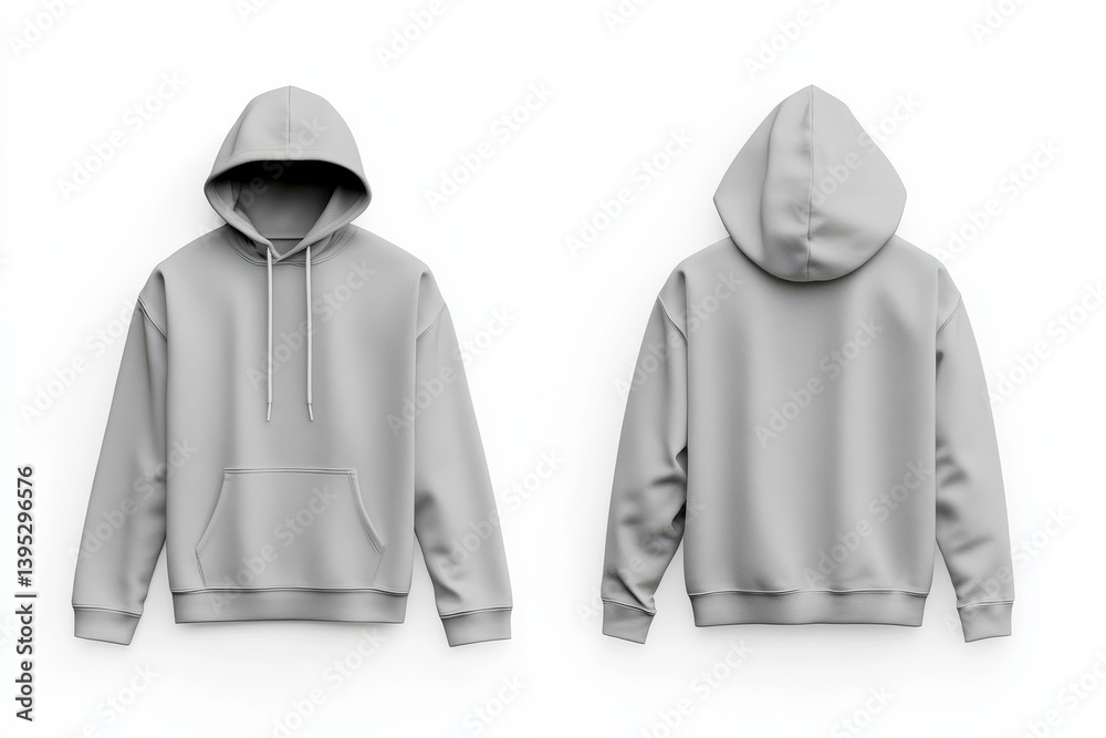 Poster grey hoodie design showcasing front and back views against a clean white background for fashion disp