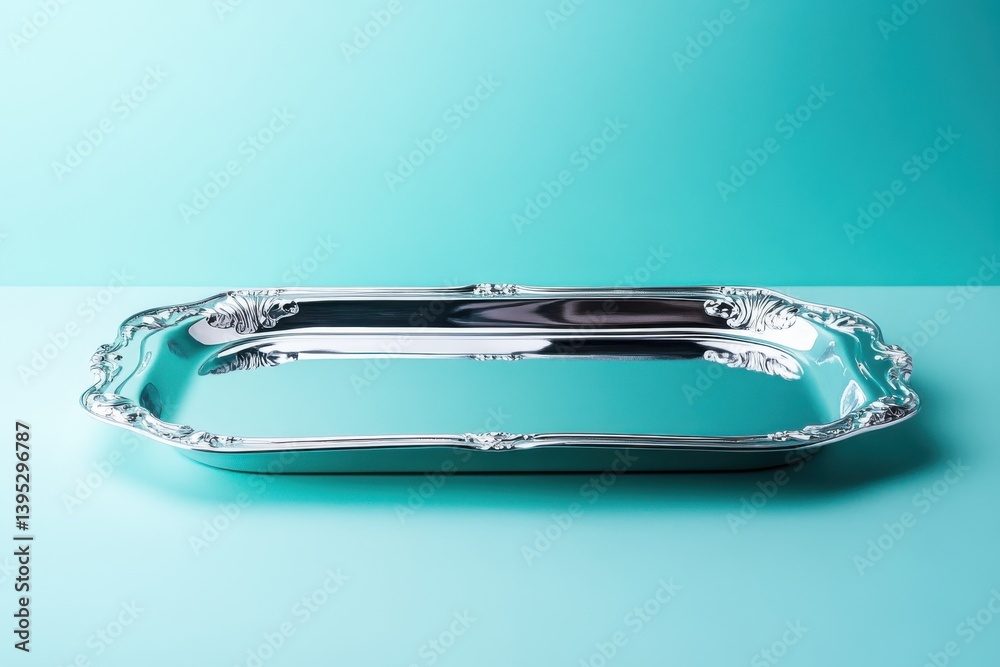 Poster elegant silver tray on a turquoise background showcasing exquisite craftsmanship and detail in a mod