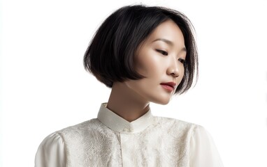 Portrait of an elegant East Asian woman with short bob haircut, wearing a silk blouse, pure white background, no hands, calm expression