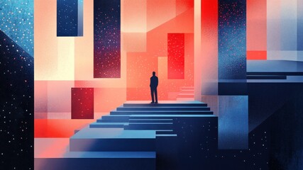 Abstract art featuring a person on blue steps in red and blue geometric space.