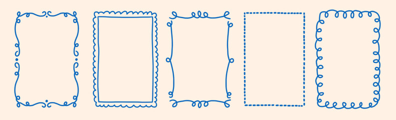 Rectangle and oval wavy scallop frame in doodle trendy vintage style. Border with elegant outline loop for greeting cards. © Nastya