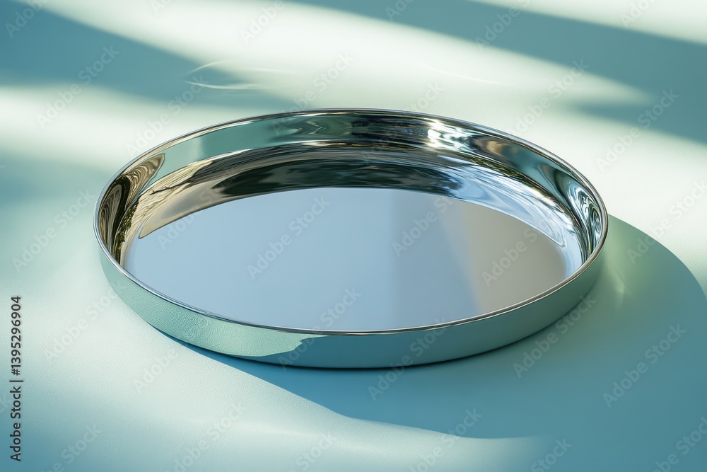 Poster Shiny metallic tray placed on a smooth surface reflecting soft light in an elegant setting