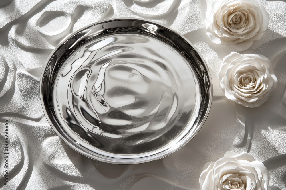 Aufkleber shiny silver serving tray surrounded by white roses on a textured fabric surface in soft natural lig