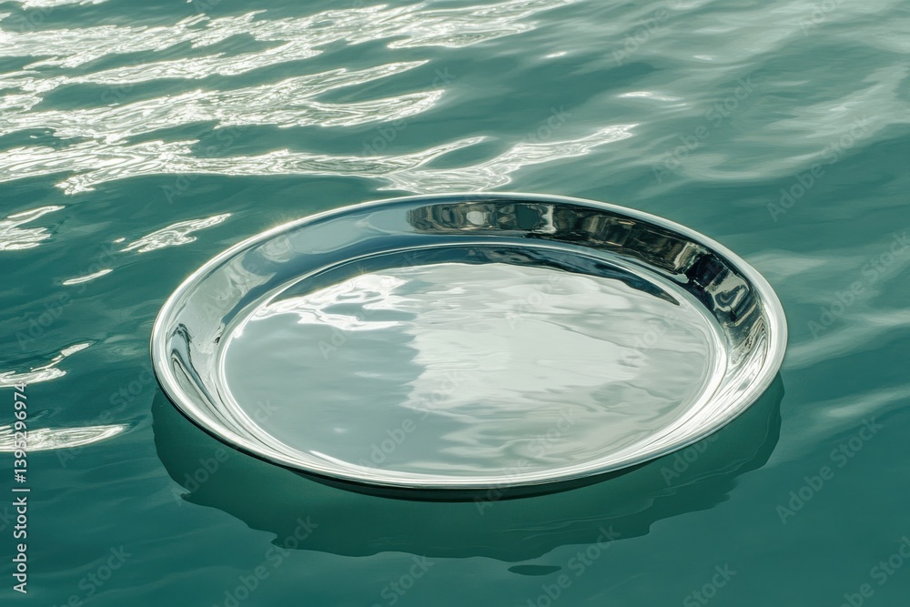 Aufkleber Reflective tray floats on calm water surface under soft sunlight in tranquil setting