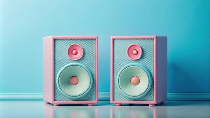 Pastel Pink and Teal Speakers on a Blue Background
