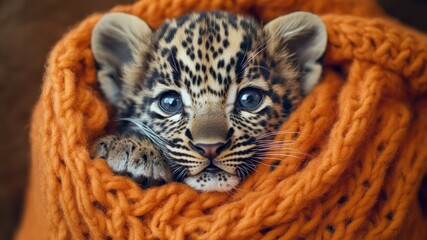 Obraz premium Adorable leopard cub snuggled in an orange knit scarf. Warm, cozy, and cute.