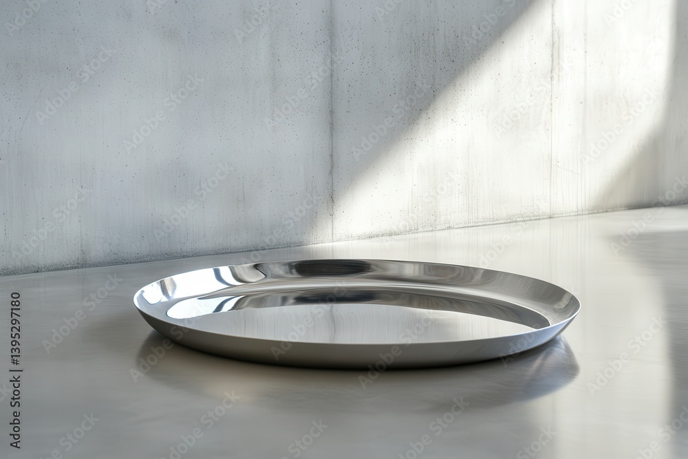 Aufkleber modern silver tray resting on smooth surface with soft sunlight highlighting its contours in a minim
