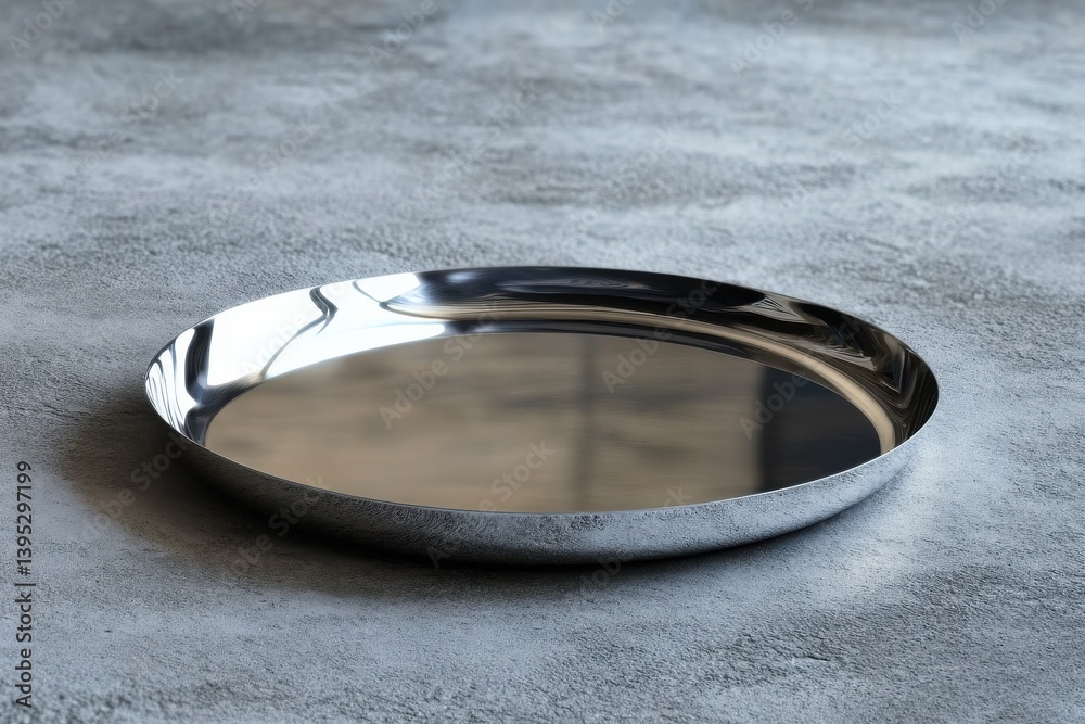 Poster reflective metal tray resting on a textured surface in a light-filled space