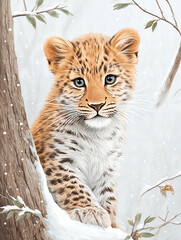 Obraz premium Adorable Snow Leopard Cub In Snowy Forest