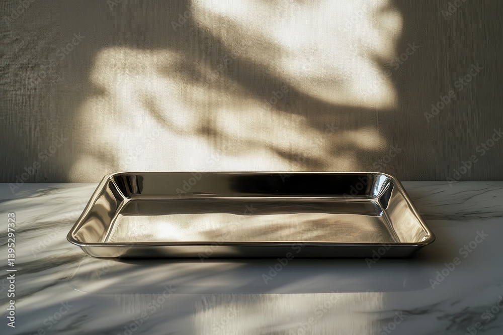 Poster shiny metal tray on marble surface with soft shadows created by warm light