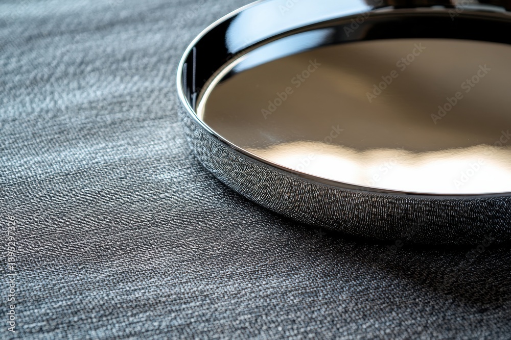 Leinwandbilder Reflective tray placed elegantly on a textured cloth, capturing ambient light with subtle details in a cozy setting