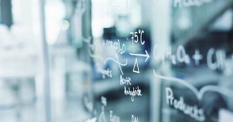 School, digital and formula on smart board, education and information for exam in classroom and empty. College, knowledge and tech with physics for test, numbers and project for course in university