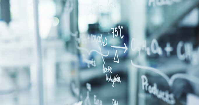 School, digital and formula on smart board, education and information for exam in classroom and empty. College, knowledge and tech with physics for test, numbers and project for course in university - Powered by Adobe