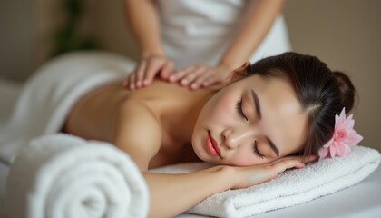 Obraz premium A peaceful scene captures a woman with a delicate flower in her hair, blissfully receiving a soothing massage. The soft lighting and calming atmosphere enhance the sense of relaxation and rejuvenation