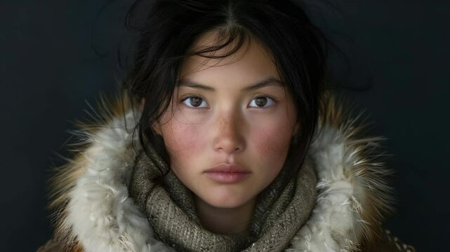 Frozen pretty woman in a warm coat portrait. Cheeks red from frost. Beautiful Eskimo inuit girl lives in the north. Severe cold weather. Brunette female face close up. People of the north closeup.