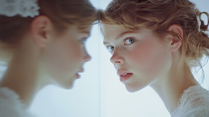 A thoughtful woman gazes through a mirror, her reflection creating a surreal, contemplative atmosphere.
