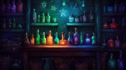 A fantasy market stall featuring mystical products glowing under enchanted light, magical symbols floating above, hand-drawn illustration style. , closes up