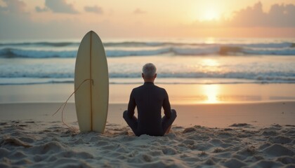 A serene scene captures an elderly man in a wetsuit sitting on the sandy beach, gazing at the breathtaking sunset. The golden hues of the sun reflect on the gentle waves, creating a peaceful