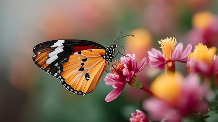 Obraz premium Butterfly is sitting on a pink flower. The flower is surrounded by other pink flowers. The butterfly is orange and black