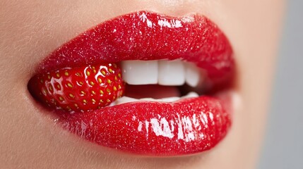 Obraz premium Woman's mouth is filled with a strawberry. The strawberry is surrounded by a red gloss, giving the impression that the woman is wearing a strawberry lip gloss
