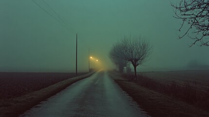A fog-laden rural road stretches into the distance, flanked by leafless trees and lit by a solitary streetlamp, evoking eerie stillness.