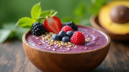 Wooden bowl filled with purple smoothie