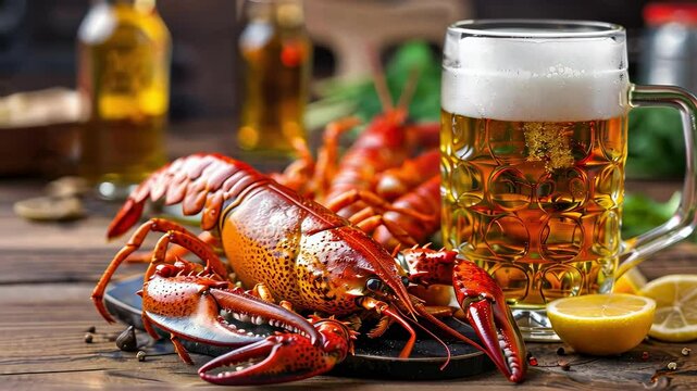 beer and crayfish on the table close-up