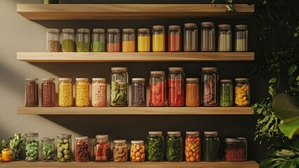 Obraz premium Shelves filled with jars of various foods and spices for pantry organization.