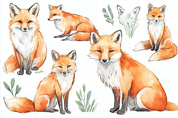 Watercolor Illustration of Foxes in Various Poses with Orange and White Fur Isolated on White Background