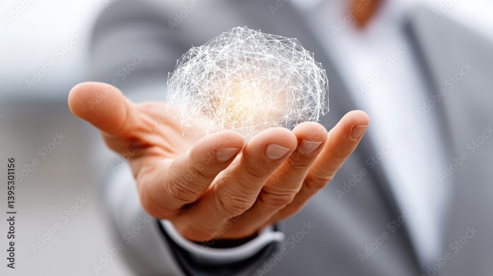 Poster man is holding a hand up to show a brain. the brain is made up of many different colored lines and d