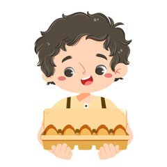 Cute boy is holding one cart of eggs