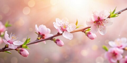 Naklejka premium Delicate pink blossoms on a branch, bathed in soft sunlight, a springtime scene of natural beauty