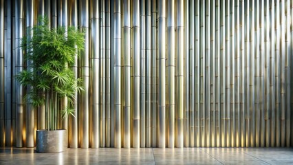 Obraz premium Serene Interior Design Featuring a Lush Green Plant Against a Modern Metallic Bamboo Wall