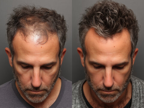 before and after of 50 year old man with hair loss and with thick brown hair after treatment or toupee	