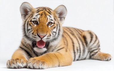 Obraz premium Grinning tiger cub with bright eyes, relaxed pose, pure white background, playful wild animal expression