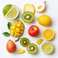 Delicious fruits arrangement kitchen table food photography bright environment top view healthy eating
