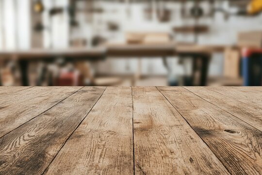Empty wooden table in blurred carpenter's workshop background for creative diy projects