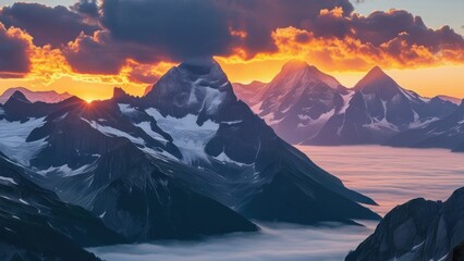 Stunning mountain landscape at dawn with snow-capped peaks and soft light.