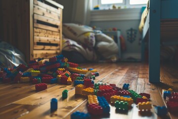Fototapeta premium scattered building block toys on a child bedroom floor
