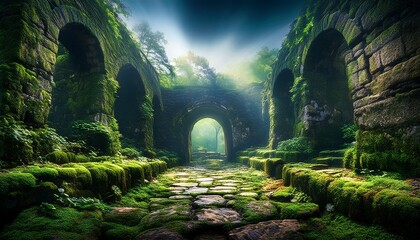Naklejka premium Moss-covered stones whisper tales of the past. 