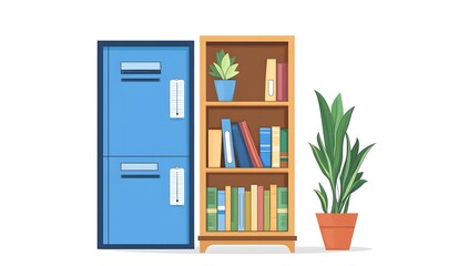 Fototapeta premium Illustrated Bookshelf and Blue Locker Isolated on White Background, Library Interior