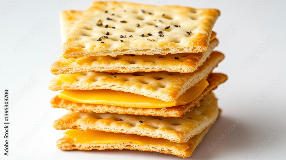 Poster Stack of square crackers with cheese filling, sprinkled with poppy seeds.