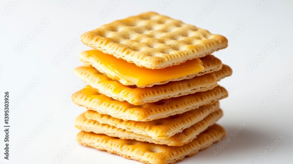 Poster Stack of square crackers with cheese filling, close-up shot on white background.