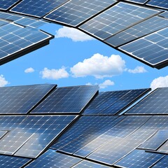 A stunning seamless pattern featu a repeating array of solar panels reflecting a vibrant blue sky with fluffy white clouds creating a beautiful and clean energy themed design